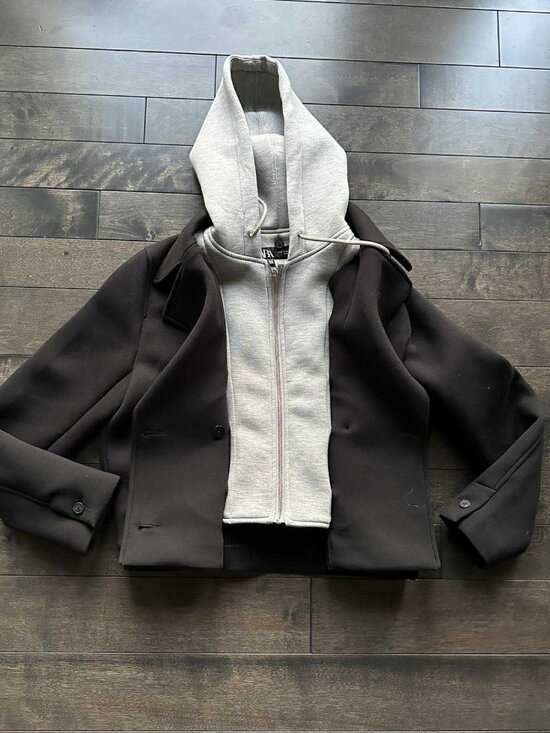 Zara Cropped Peacoat with Removable Grey Hood - NEW - Picture 2 of 3